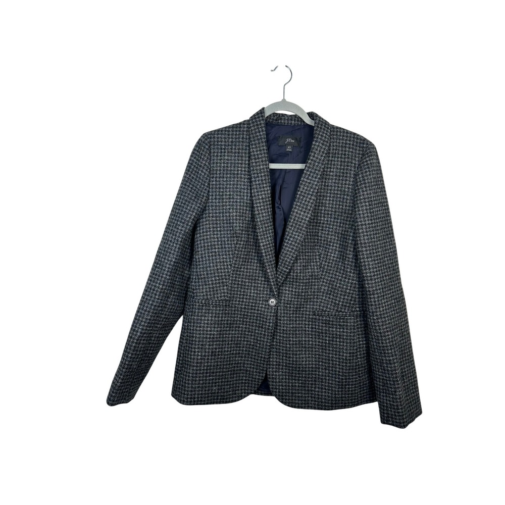 J.Crew Blazer Women 12T Grey Wool Houndstooth Shawl Collar Single Button Jacket